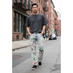 Biepa Jeans Mens 36 Acid Wash Graffiti Moto Biker Distressed Slim Denim Blue